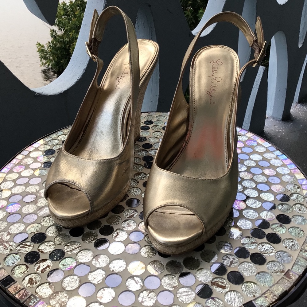 Lilly Pulitzer Metallic Gold Leather Raffia Weave Peep-Toe Wedge Slingbacks
